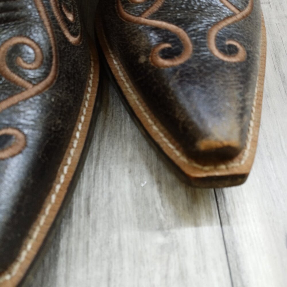 Ariat Dark Brown Leather Heeled Western Boots with Tan Stitching - Picture 11 of 15